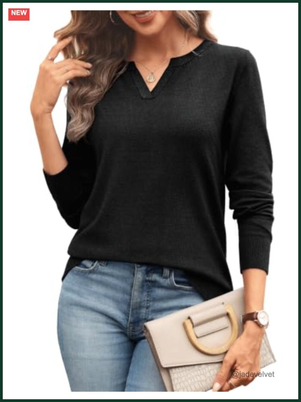 Womens V Neck Long Sleeve Knit Pullover Sweater Fall Winter Soft Lightweight